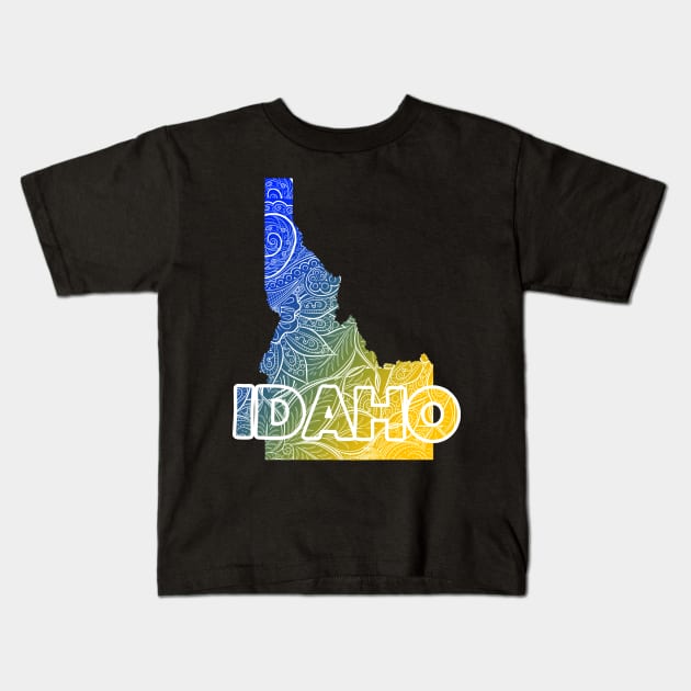 Colorful mandala art map of Idaho with text in blue and yellow Kids T-Shirt by Happy Citizen